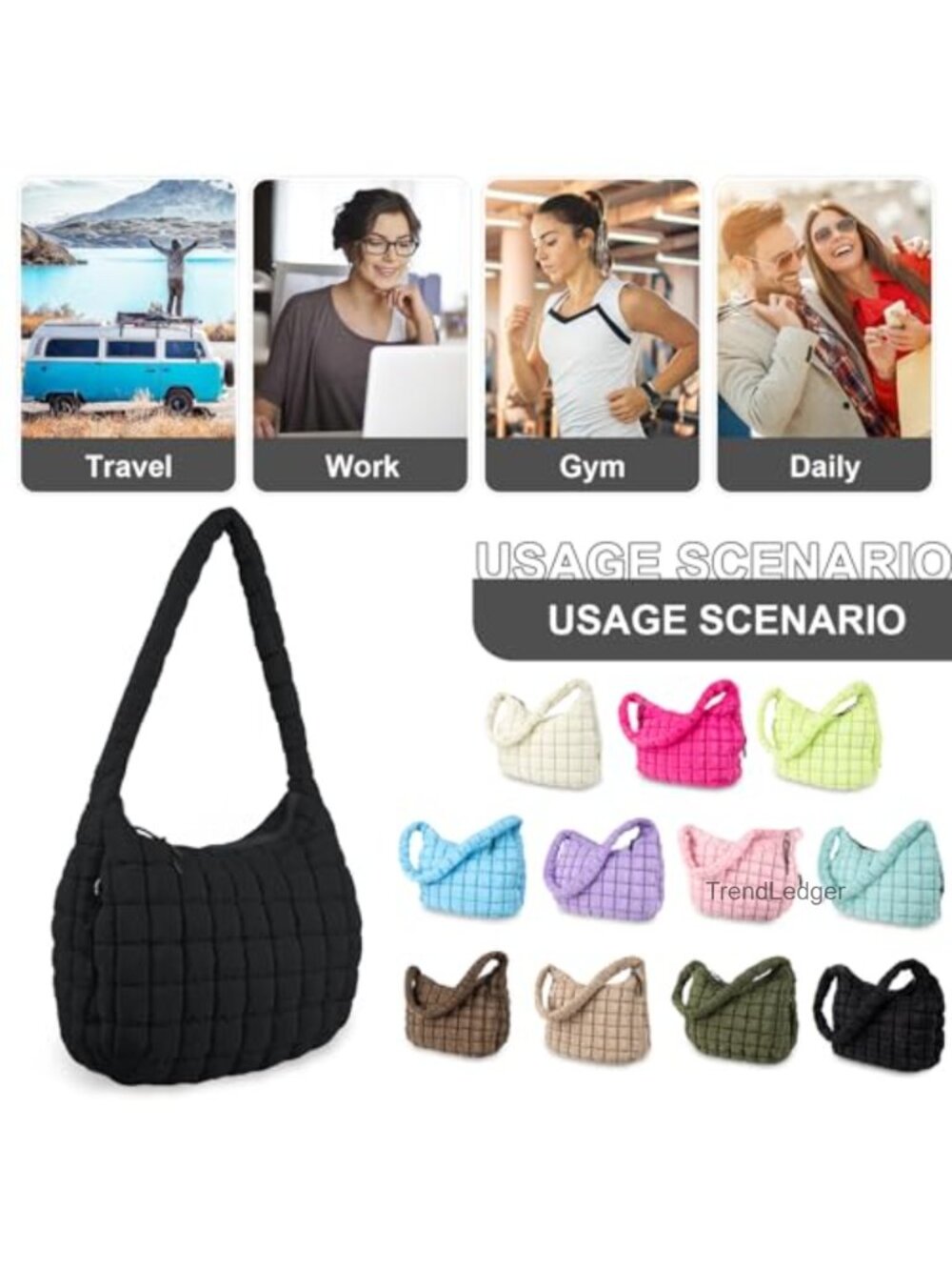 Quilted Puffer Tote Bag Nylon Crossbody Shoulder Hobo Bag Lightweight Large - Picture 5 of 6